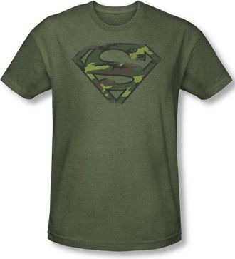 Superman Mens Distressed Camo Shield T-Shirt In Military Green, Large, Military Green