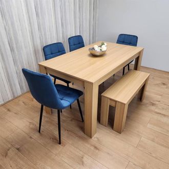 Kosy Koala 6 Seater Light Wood Dining Table Set 4 Blue Velvet Chairs & Bench in Brown