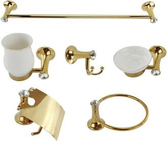 Trade Shop Trade Shop - Set 6 Pcs Accesorios De Ba&ntilde;o Oro Y Cer&aacute;mica Con Puntos De Luz De Cristal Acr&iacute;lico