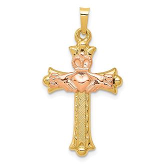 Diamond2Deal 14k Two-tone Gold Claddagh Cross Pendant
