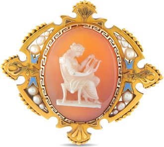 Luxury Bazaar Antique 18K Yellow Gold Agate Pearl Victorian Cameo Brooch MF07-080426