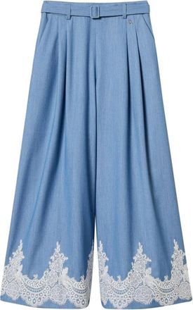 Twin-Set Palazzo broek met kant en riem - Dames - Wijde Broeken - Blauw - L - Broeken