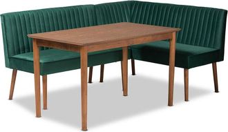 Baxton Studio Alvis Mid-Century Modern Velvet Upholstered 3Pc Dining Nook Set