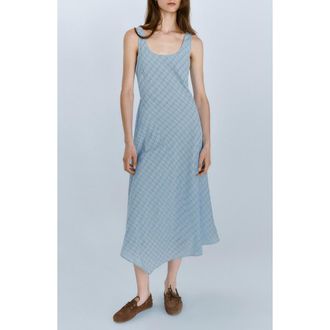 Mango Checked Asymmetrical Midi Dress in Sky Blue at Nordstrom, Size 10