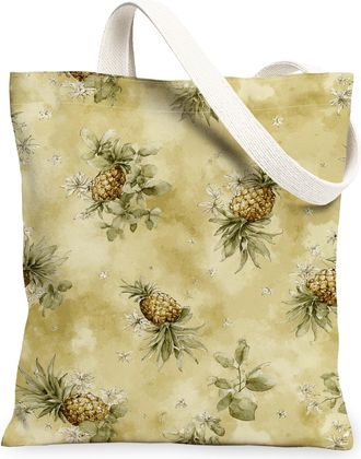 Generic Pineapple Floral Canvas Tote Bag, Tropical Plant Design Reusable Grocery Bag, Summer Vintage Lightweight Washable Shoulder, Yellow, 13x15 Inch