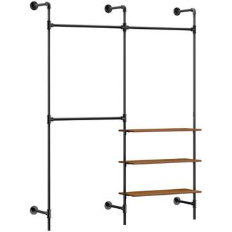 SoBuy SoBuy Industrial Wall-Mounted Portant - Fixed Tube Clothes Rack with 3 Bars & 3 MDF Shelves, Sturdy Open Wardrobe Space-Saving, Black, KLS18-SCH