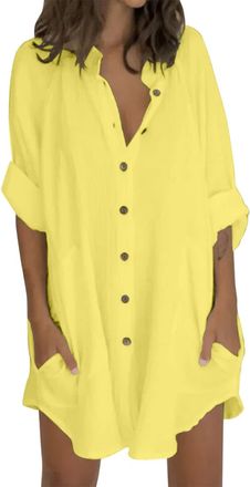 Generic Peplum Tops for Women Womens Button Down Shirts Dress Plain Loose Casual Oversized Cotton Blouses V Neck Fashion Tunic Dresses Summer 2025 Cover Up Ho