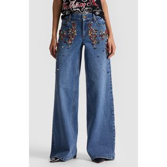 Alice & Olivia Amazing Crystal Detail Baggy Wide Leg Jeans in Brooklyn Blue at Nordstrom Rack, Size 24