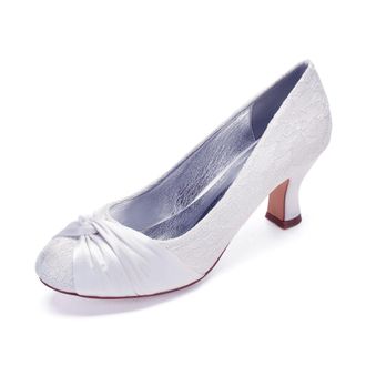 Generic Wedding Bridal Shoes Womens Round Toe Pump Kitten Low Heel Shoes Lace Kitten Heel Prom Party Dress Shoes 6.5Cm,White,3 UK