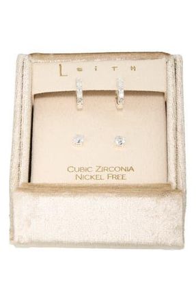 Leith Set of 2 Cubic Zirconia Stud & Huggie Hoop Earrings in Clear- Silver at Nordstrom Rack