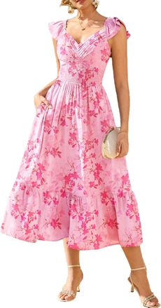 Grace Karin A-Line Summer Dresses for Women UK, Ruffle Sleeves V-Neck Smocked Floral Dress, Beach Maxi Dresses for Women UK Pink-Rose Floral XL
