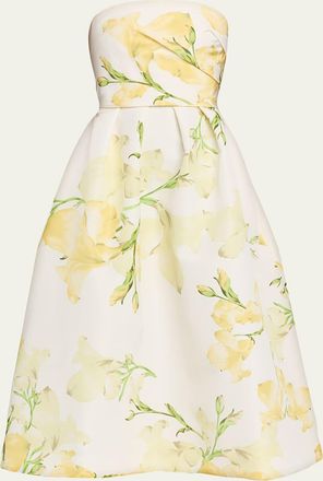 Monique Lhuillier Strapless Snapdragon Print Silk Faille Midi Dress