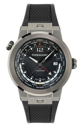 Ferragamo F-80 GMT Worldtime Silicone Strap Watch, 43mm in Ip Gunmetal at Nordstrom