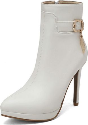 Generic Womens boots with pointed toe and stiletto heel - platform and metal buckle for evening occasions,White,7.5 UK