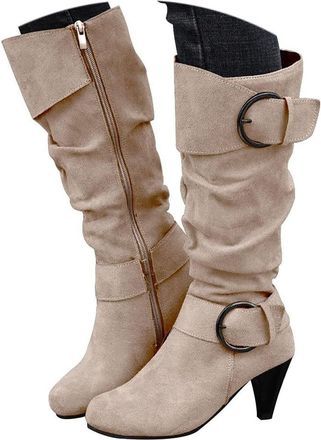 Generic Knee High Boots for Women UK,Kitten Heel Boot Retro Faux Suede Stiletto Kitten Heel Side Zip Calf Length Slouch Boot Casual Side Zip Cowboy Booties La