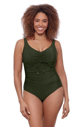 Aqua Green Cinched V-Neck Tummy Control Side Shirred One-Piece Swimsuit in Malachite at Nordstrom, Size X-Large
