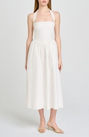 Wayf Camellia Halter Neck Stretch Cotton Midi Dress in Ivory at Nordstrom, Size X-Large