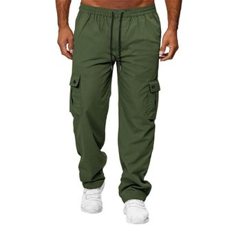 Generic Mens Casual Cargo Trousers Smart Trousers Multi-Pocket Drawstring Elastic Waist Loose Fit Outdoor Work Daily Lounge Pants Army Green