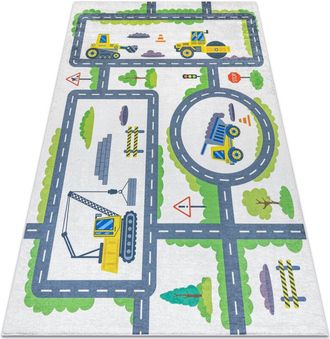 RugsX Alfombra Lavable Bambino 2338 Excavador, Calles Para Ni&ntilde;os Antideslizante - Blanco / Verde White 140x200 Cm