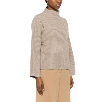 Brunello Cucinelli Brunello Cucinelli, Turtlenecks, female, Beige, Size: XS Ribbed Sequin High Neck Sweater