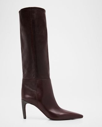 Brunello Cucinelli 80mm Leather Knee-High Boots with Monili Heel