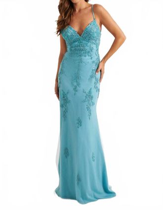 Faviana Sheath Satin Gown In Light Blue
