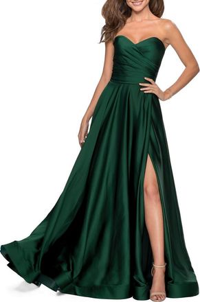 La Femme Strapless Satin Gown with Pleated Bodice and Slit in Emerald at Nordstrom, Size 16
