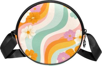 Generic Circle Crossbody Bag for Women, Flower Stripes Small Sling Bag Daypack with Zipper Adjustable Shoulder Straps Casual Ladies Girls Round Purse