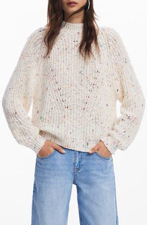 Desigual Derby Fleck Open Stitch Mock Neck Sweater in White at Nordstrom, Size Xx-Large