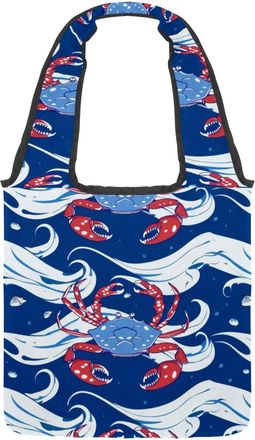 Generic Blue Wave Cute Crab Pattern Reversible Canvas Shoulder Tote - Double-Sided Print, 12oz Cotton, 27cm Drop, Fold-Flat Bag for Travel, Shopping, Street O