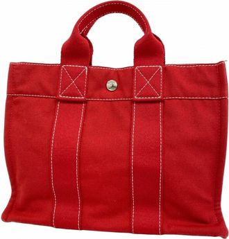 Herm&egrave;s Red Color Canvas Tote Bag (Pre-Owned)