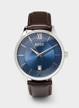 BOSS Mens Elite navy-blue face leather-band watch