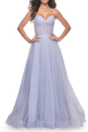 La Femme Sweetheart Tulle and Rhinestone Prom Dress with Illusion Detail in Light Periwinkle at Nordstrom, Size 12