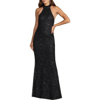 Mac Duggal Halter Neck Open Back Beaded Column Gown in Black at Nordstrom, Size 10