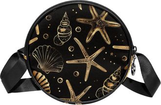 Generic Circle Crossbody Bag for Women, Golden Starfish Shell Small Sling Bag Daypack with Zipper Adjustable Shoulder Straps Casual Ladies Girls Round Purse