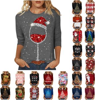 Generic Christmas Jumpers for Women Plus Size - Christmas Sequin T Shirts for Women UK - Glitter Xmas Tree Print 3/4 Sleeve Tops Cotton Crewneck Pullover Blou
