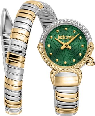 Just Cavalli Womens Snake Watch, Two Tone Silver & Gold Color Case, Dark Green dial, Two Stainless Steel Bracelet - Size 22
