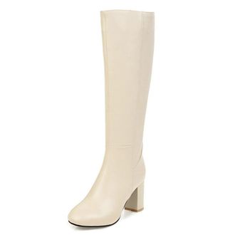 Generic Womens Knee High Boots Leather Block Heel Side Zip Versatile All Day Comfort Casual Winter Footwear,Beige,6.5 UK