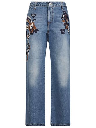 Ermanno Scervino Wide Leg Jeans with Floral Embroidery and High Waist