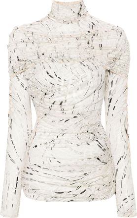 MUGLER abstract-print ruched top - women - Polyester/Viscose - 38 - White