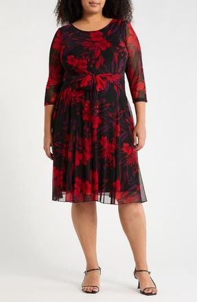 Connected Floral Long Sleeve Mesh Midi Dress in Ruby at Nordstrom Rack, Size 14W