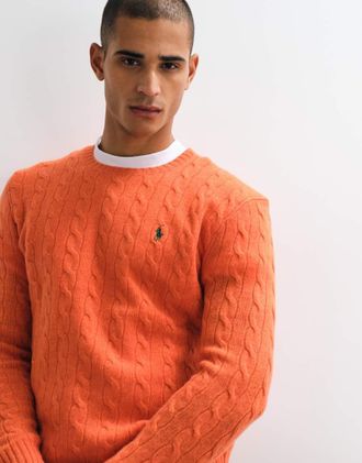 Polo Ralph Lauren maglione a trecce con logo icon in misto lana arancione