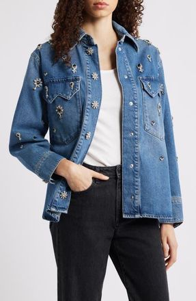 AllSaints Enna Embellished Denim Snap-Up Shirt in Vintage Indigo at Nordstrom, Size X-Small