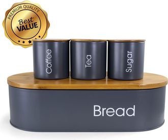 MegaChef Bamboo Kitchen Countertop 4 Piece Metal Bread Basket and Canister Set in Gray with Lids