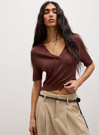 Icone Womens Pointelle knit Johnny-collar short-sleeve sweater