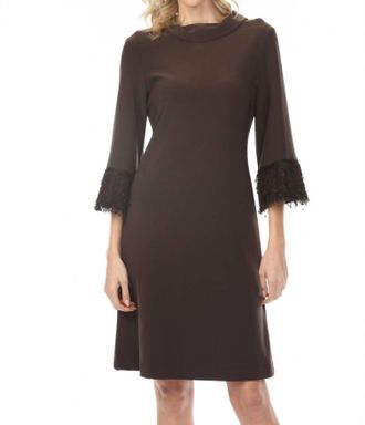 Joseph Ribkoff Cowl Neck Fringe Cuff A-Line Dress In Mocha