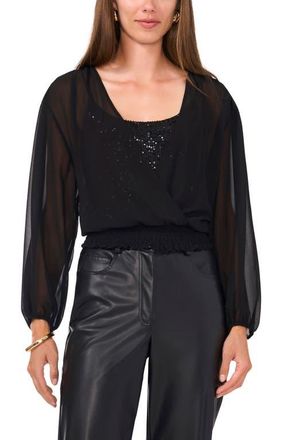 Vince Camuto Sequin Surplice Long Sleeve Top in Rich Black at Nordstrom, Size Small