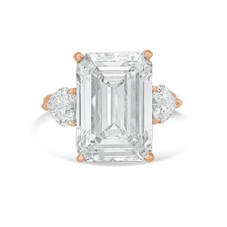 Diana M. Jewels 18kt Rose gold Lab grown 20ct Emerald diamond ring with heart diamonds on the side and micropave band