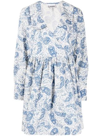 Ganni paisley-print cotton wrap dress - Blue