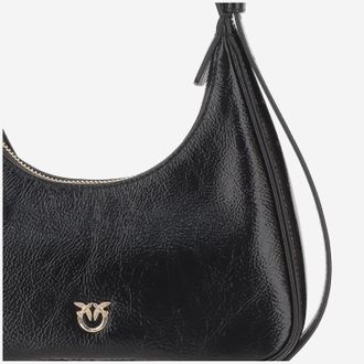 Pinko Womens Glossy Leather Hobo Bag Black Shoulder